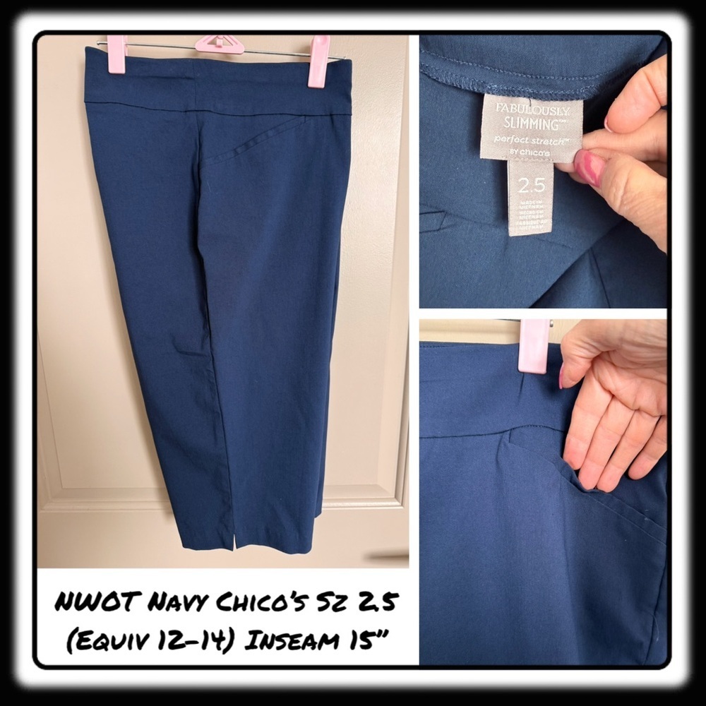 NWOT Chicos Navy Perfect Stretch Walking Shorts sz 2.5 (equiv 12-14) inseam 15”